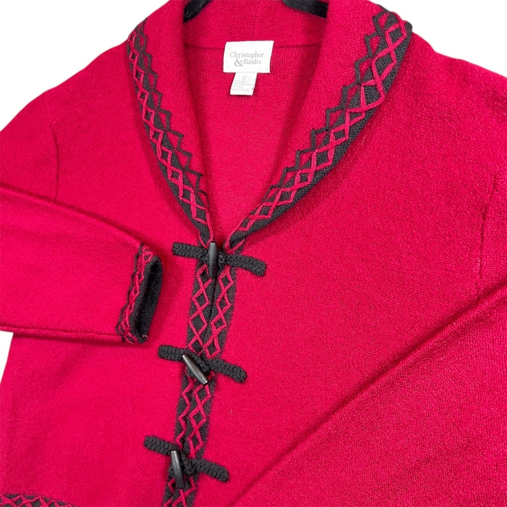 Vintage Wool Cardigan Womens L Red Sweater Embroidered Toggle Closure Grannycore